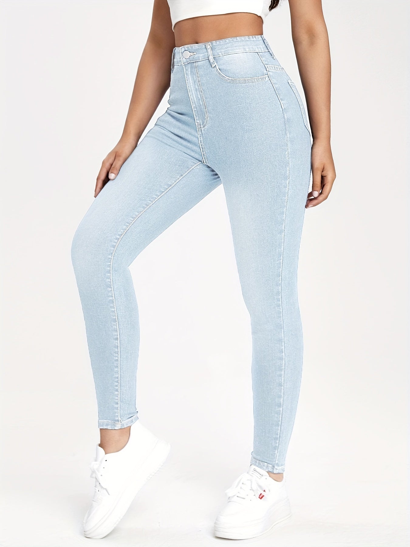 High Waist Skinny Jeans Slim Fit High Rise Slash Pockets Slight Stretch