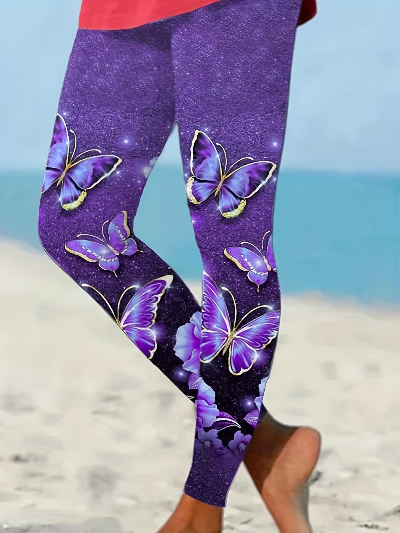 Glitter Butterfly Print High Rise Leggings