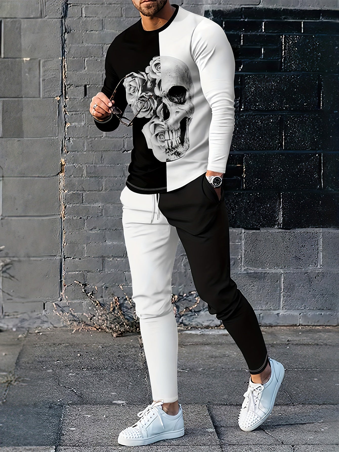 Skull & Geometry Men's 2 Piece Outfit Long Sleeve T-shirt & Sweatpants