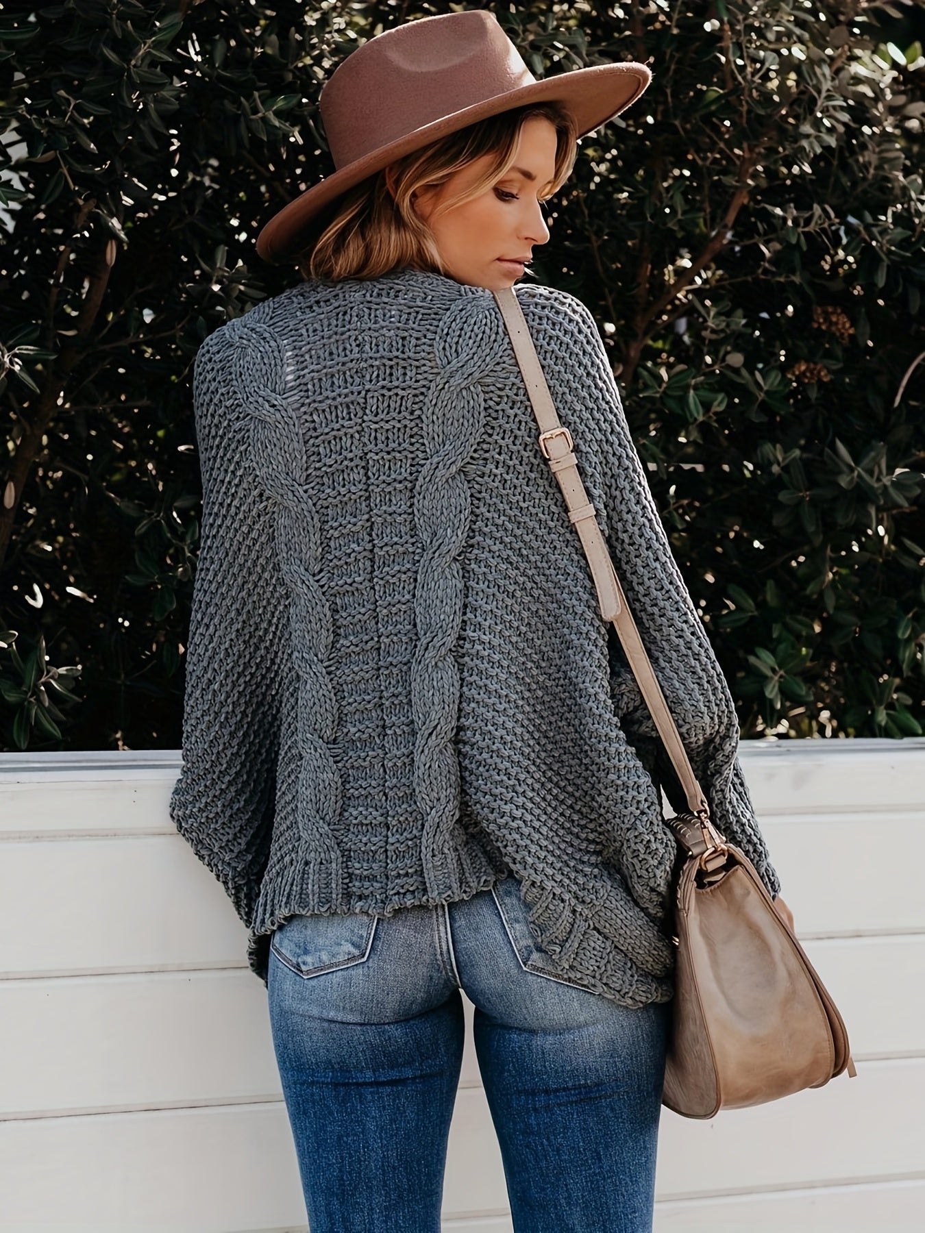 Open Front Cable Knit Cardigan with Pockets
