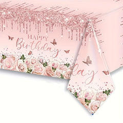 Pink Rose Flower Butterfly Tablecloth for Birthday Wedding Party