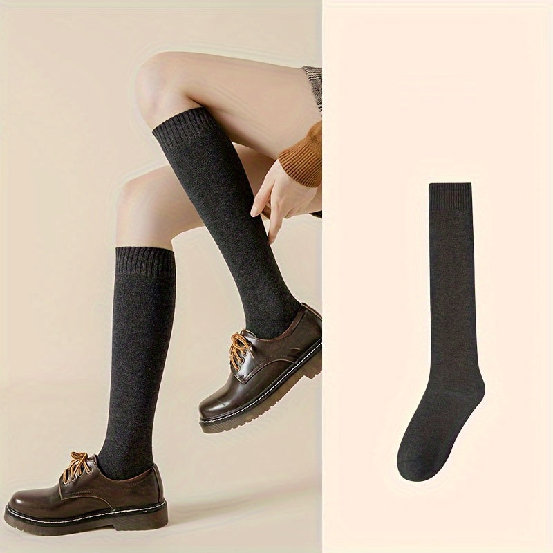 5 Pairs Warm Knee High Calf Socks Women's Stockings Solid Color
