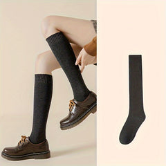5 Pairs Warm Knee High Calf Socks Women's Stockings Solid Color