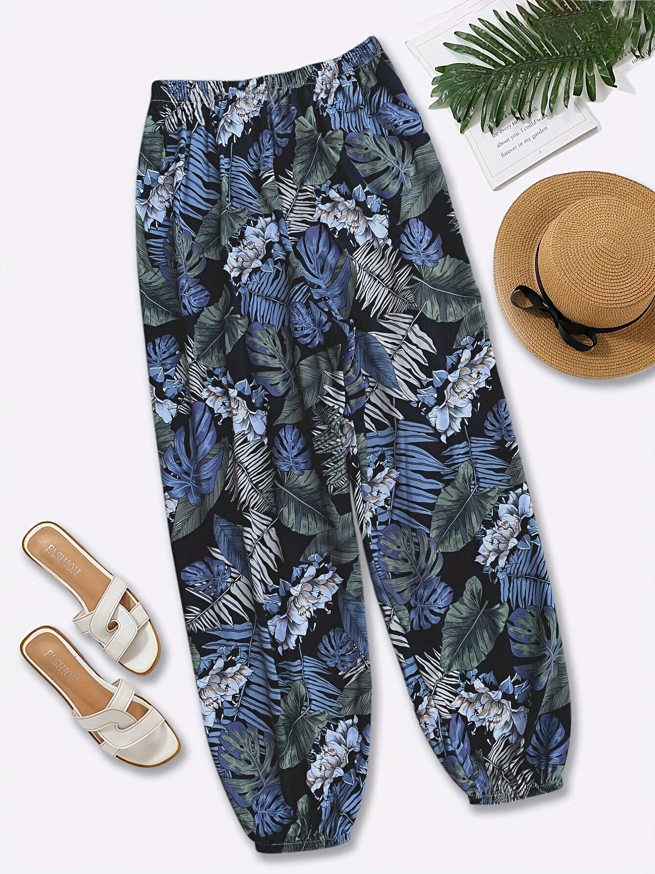 Plant Print Elastic Waist Baggy Pants for Women