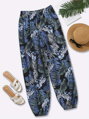Plant Print Elastic Waist Baggy Pants for Women