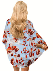 Floral Print Cover Up Shirt V Neck Loose Fit Blouse Women's Swimwear