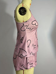 Heart Print Pajama Set Sleeveless Top & Shorts Women's Sleepwear