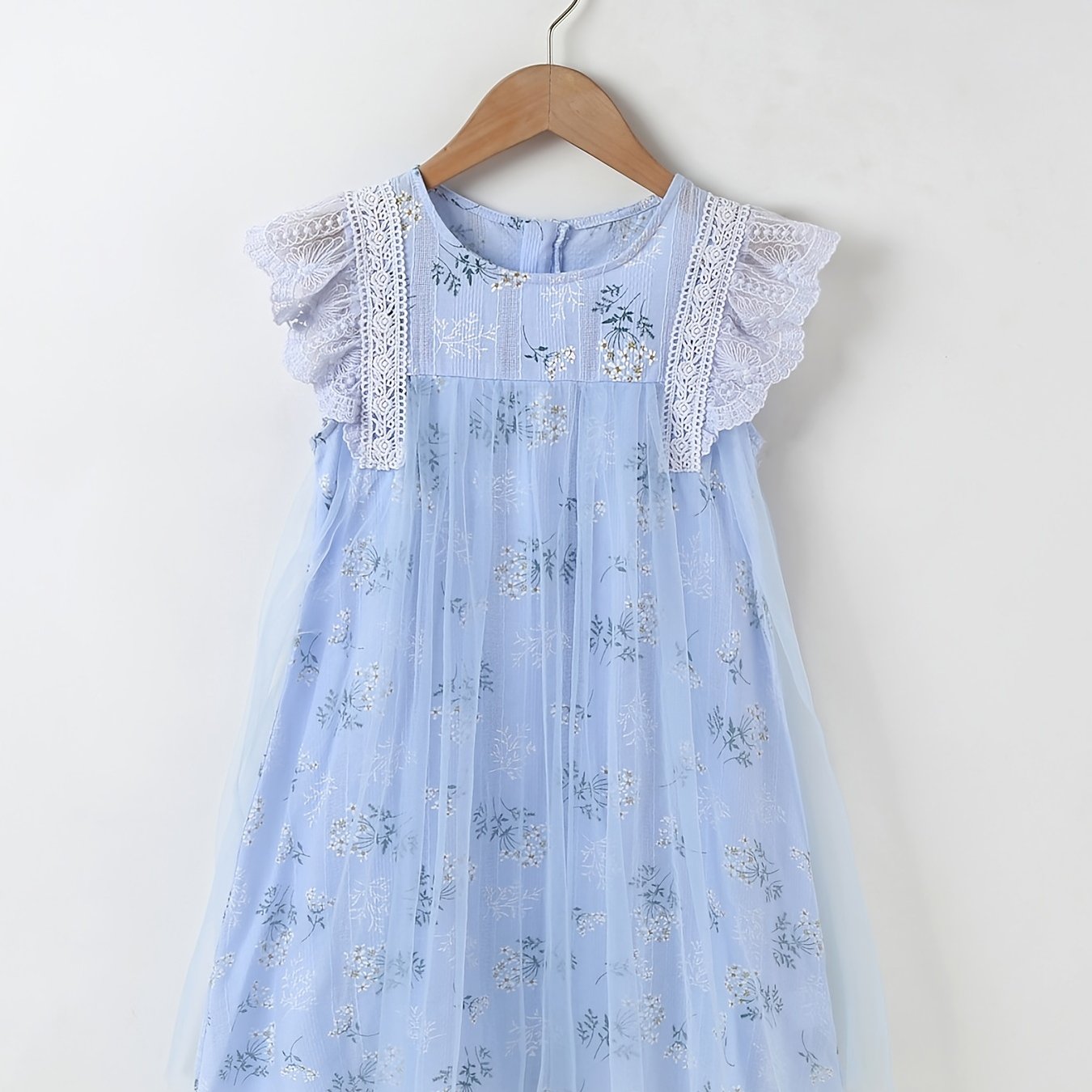 Girls Lace Ruffled Sleeves Floral Print Princess Dress