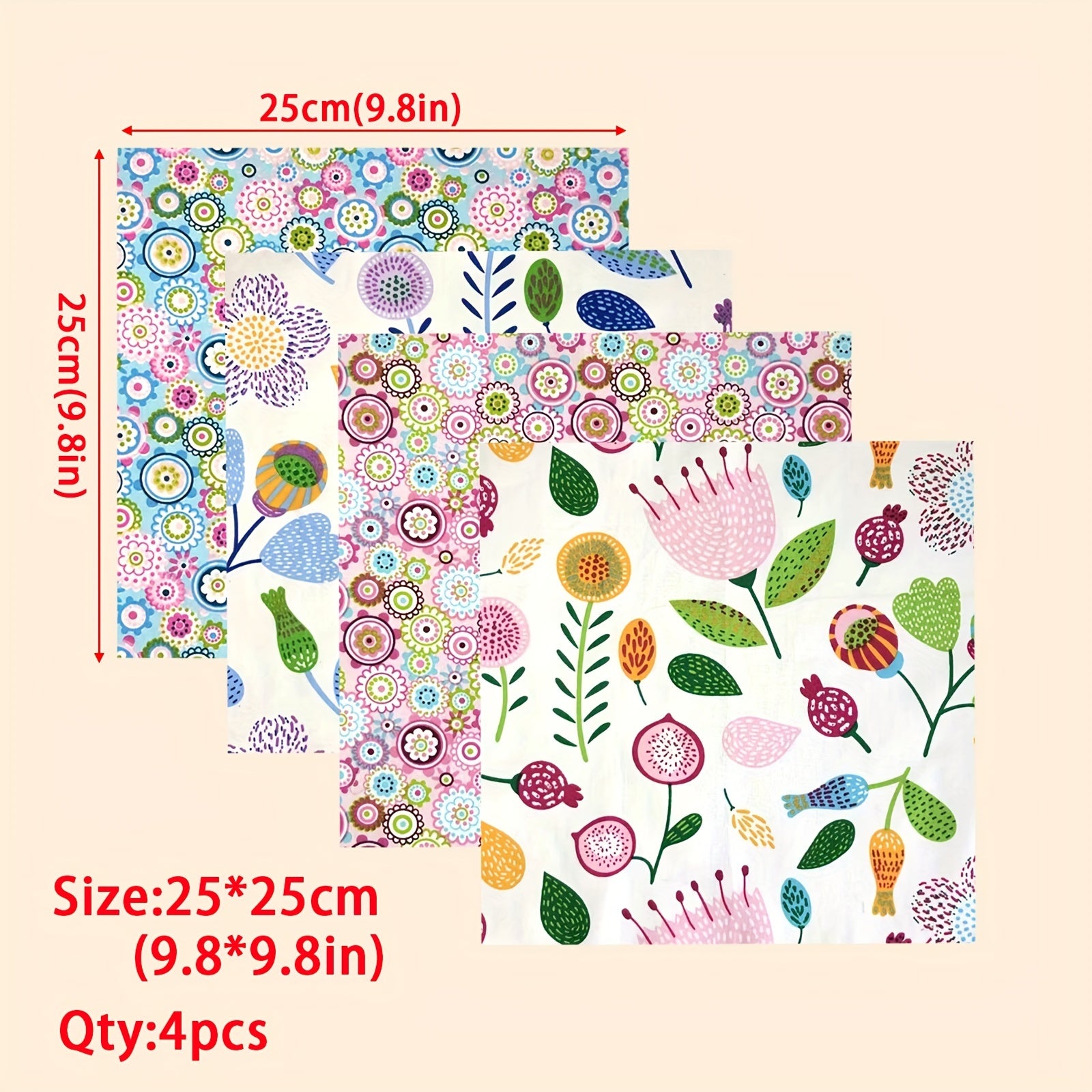 4pcs Fat Quarters Cotton Floral Pattern Quilting Fabric Sheets