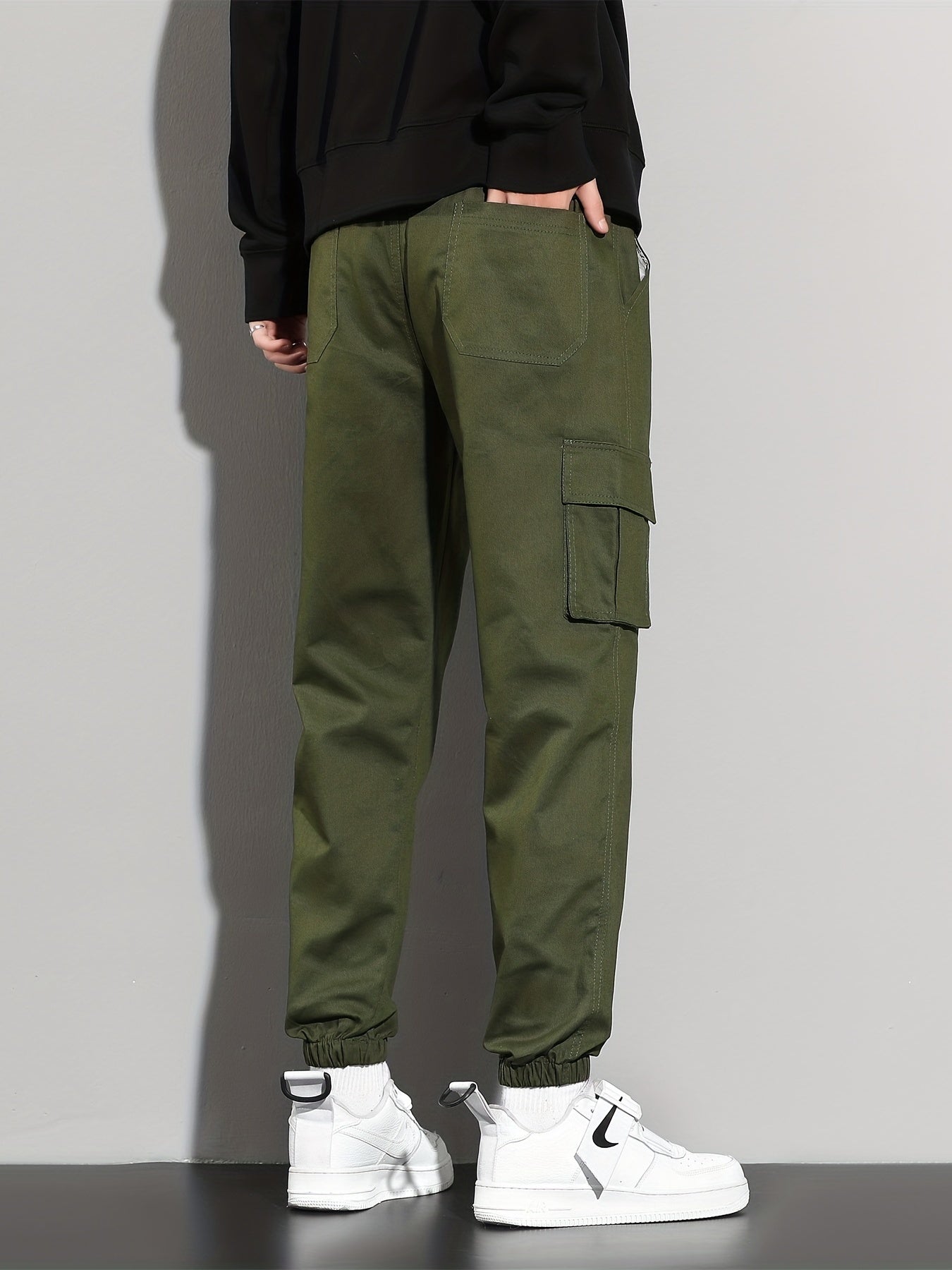 Solid Cargo Pants Men's Flap Pocket Trousers
