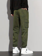 Solid Cargo Pants Men's Flap Pocket Trousers