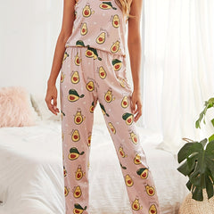 Avocado Print Pajama Set Crew Neck Cami Top & Pants Women's Sleepwear