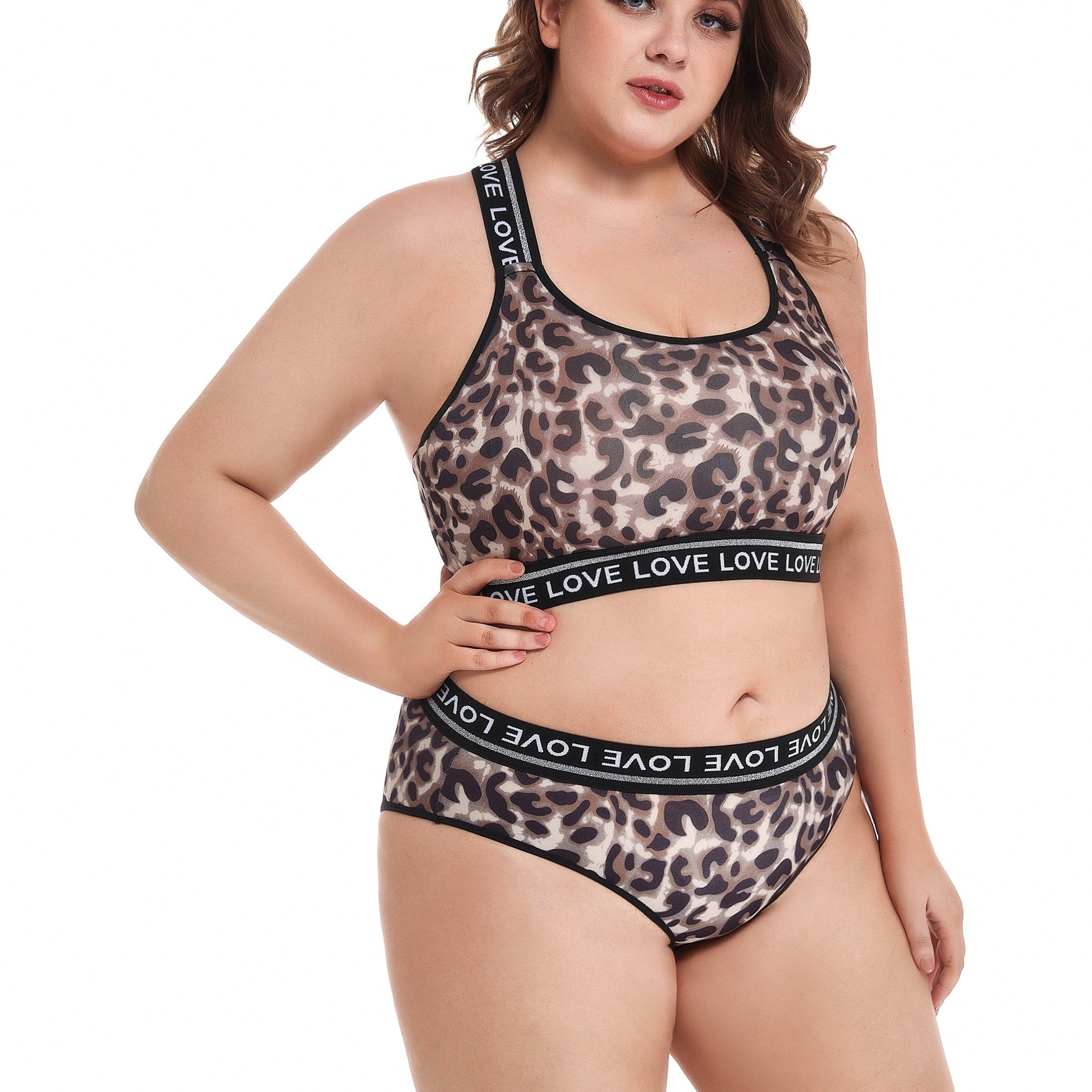 Leopard Print Letter Tape Lingerie Set Plus Size