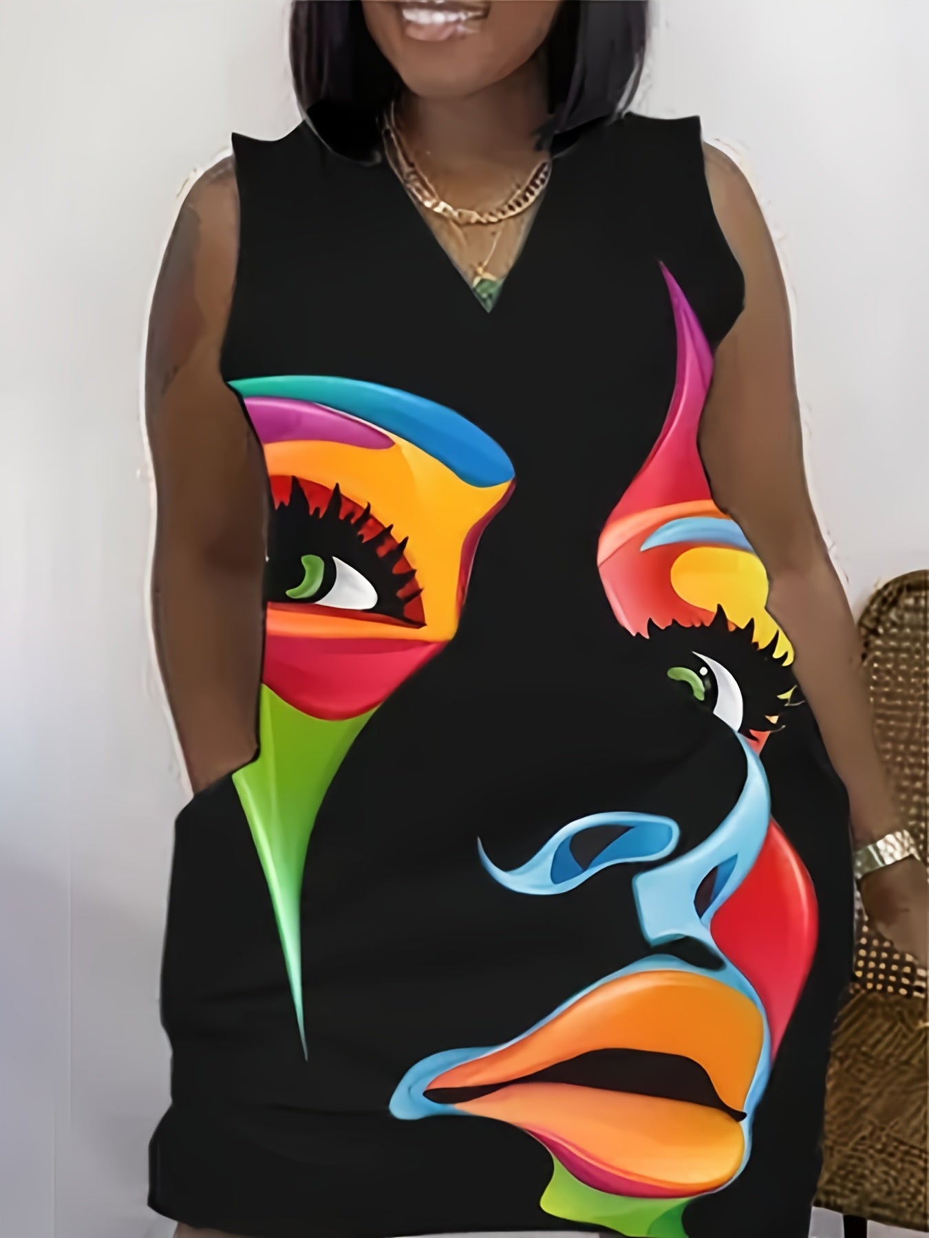 Plus Size Graphic Print V Neck Tank Dress With Pockets