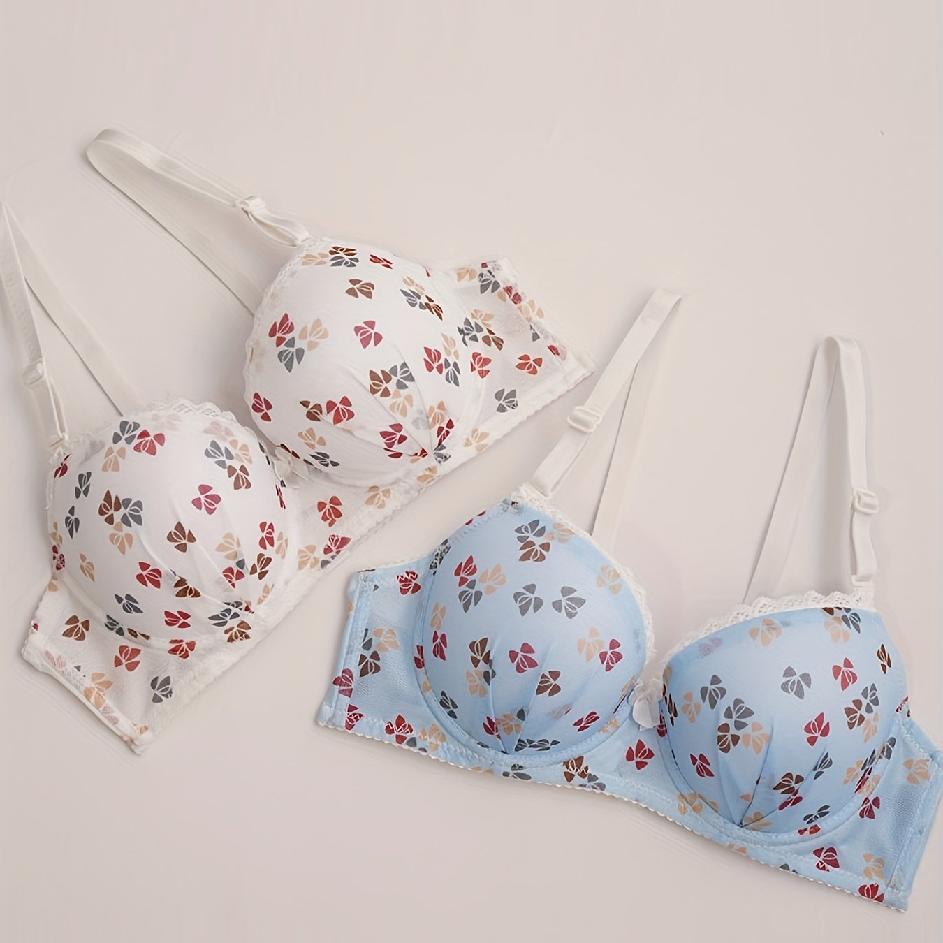 2pcs Bow Print Push Up Bras Lace Trim Bra Women's Lingerie