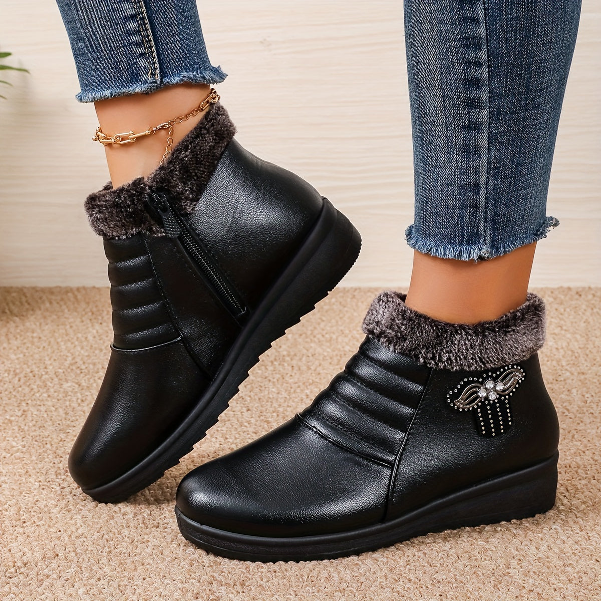 Women's Rhinestone Decor Thermal Snow Boots