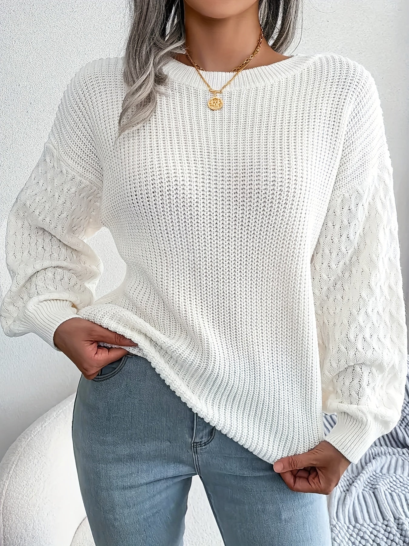 Casual Sweater Women's Solid Cable Lantern Sleeve Round Neck Jumper