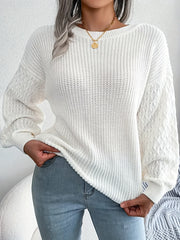 Casual Sweater Women's Solid Cable Lantern Sleeve Round Neck Jumper