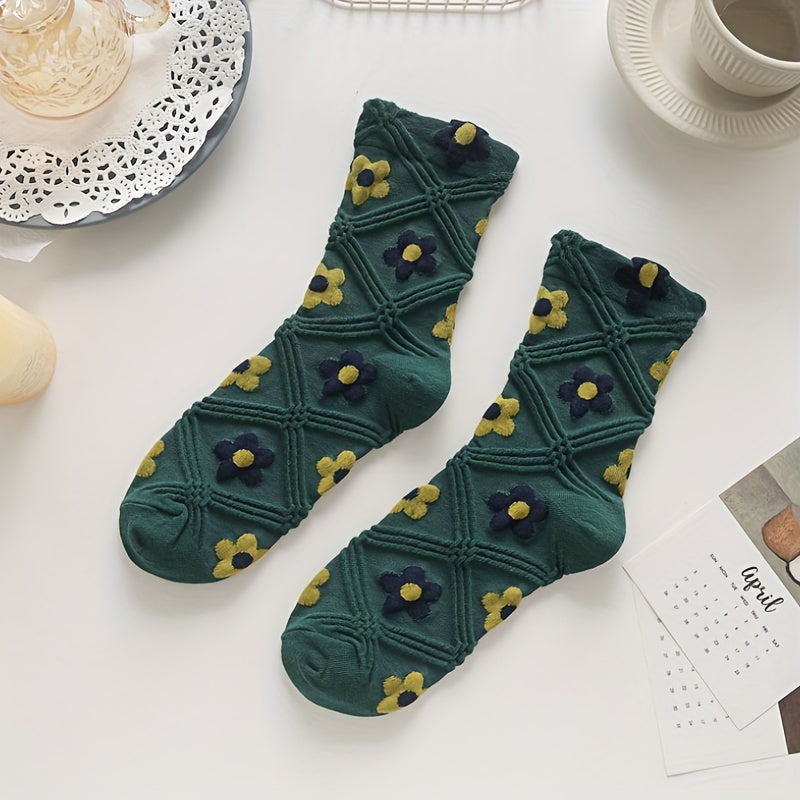 5 Pairs Floral Print Textured Mid Tube Socks Women's Stockings