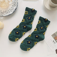 5 Pairs Floral Print Textured Mid Tube Socks Women's Stockings