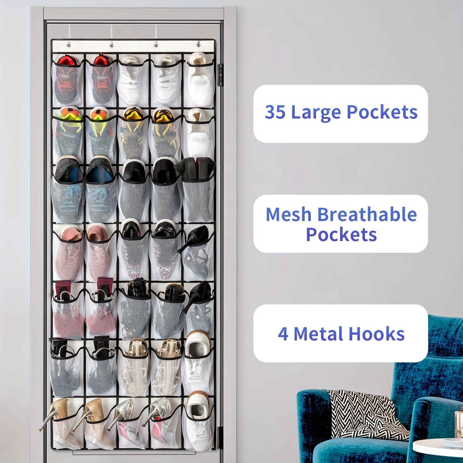 Over the Door Shoe Organizer with 35 Large Mesh Pockets