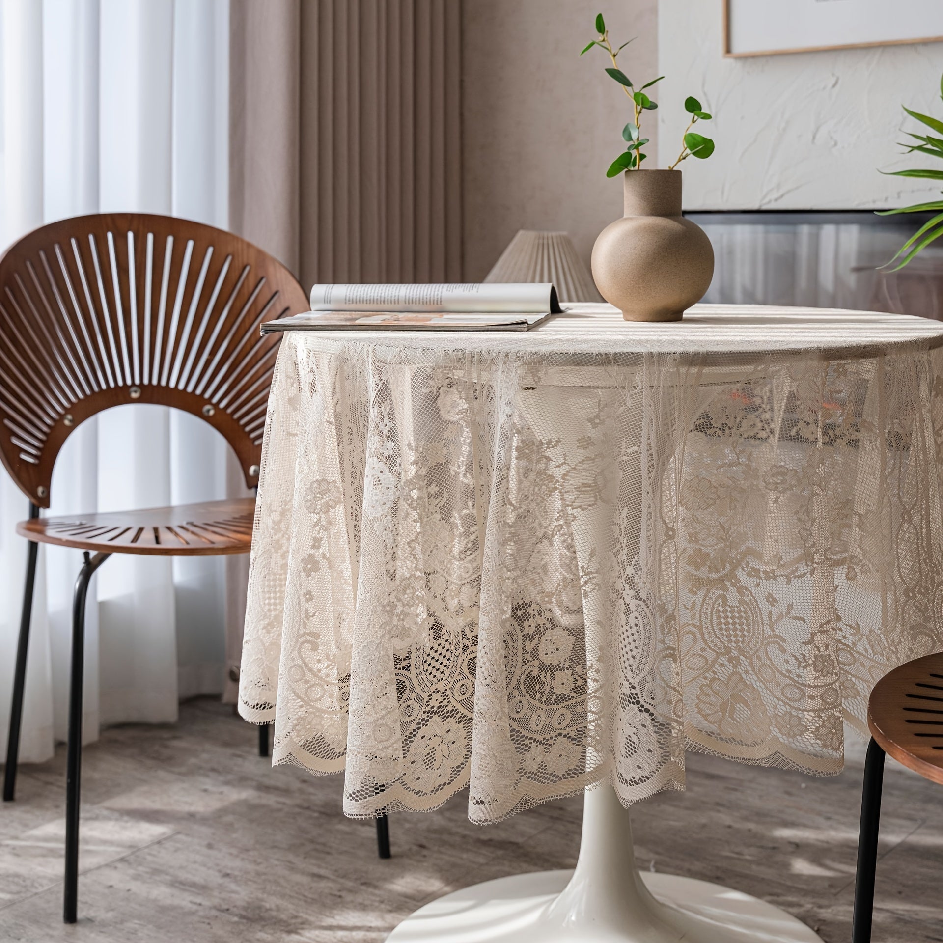 Beige Lace Table Cloth Round Table Cover 152cm Western Food Cafe Plaid Tassel