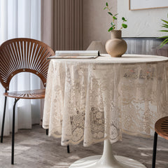 Beige Lace Table Cloth Round Table Cover 152cm Western Food Cafe Plaid Tassel