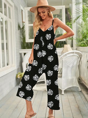 Leaf Print Wide Leg Spaghetti Jumpsuit Boho Sleeveless Backless Jumpsuit