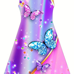 Girls Shimmering Butterfly Dress 3D Print Sleeveless Crew Neck