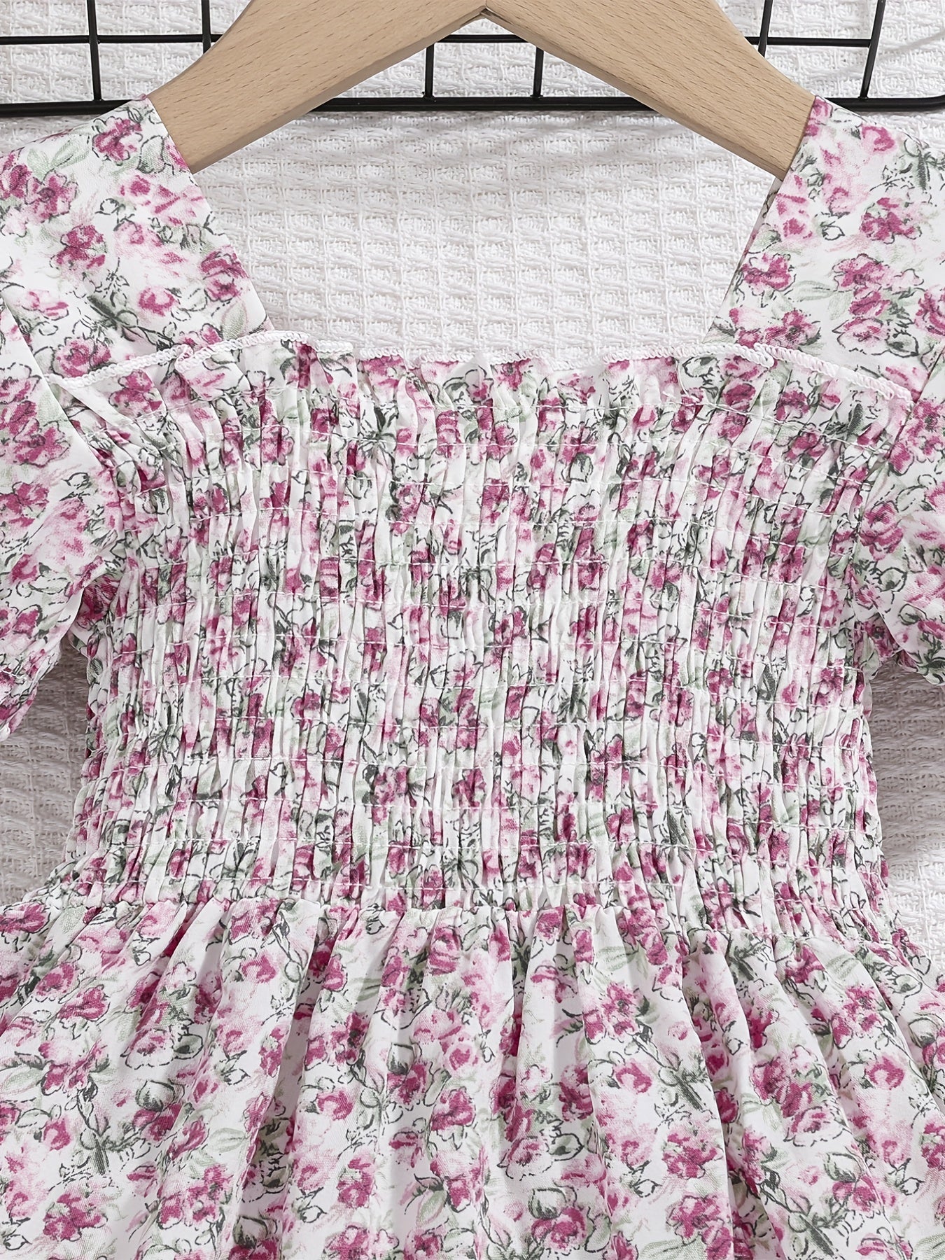 Girls Boho Floral Shirred Casual Dress Comfy Square Neck Kids Summer Dress