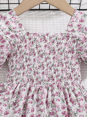 Girls Boho Floral Shirred Casual Dress Comfy Square Neck Kids Summer Dress