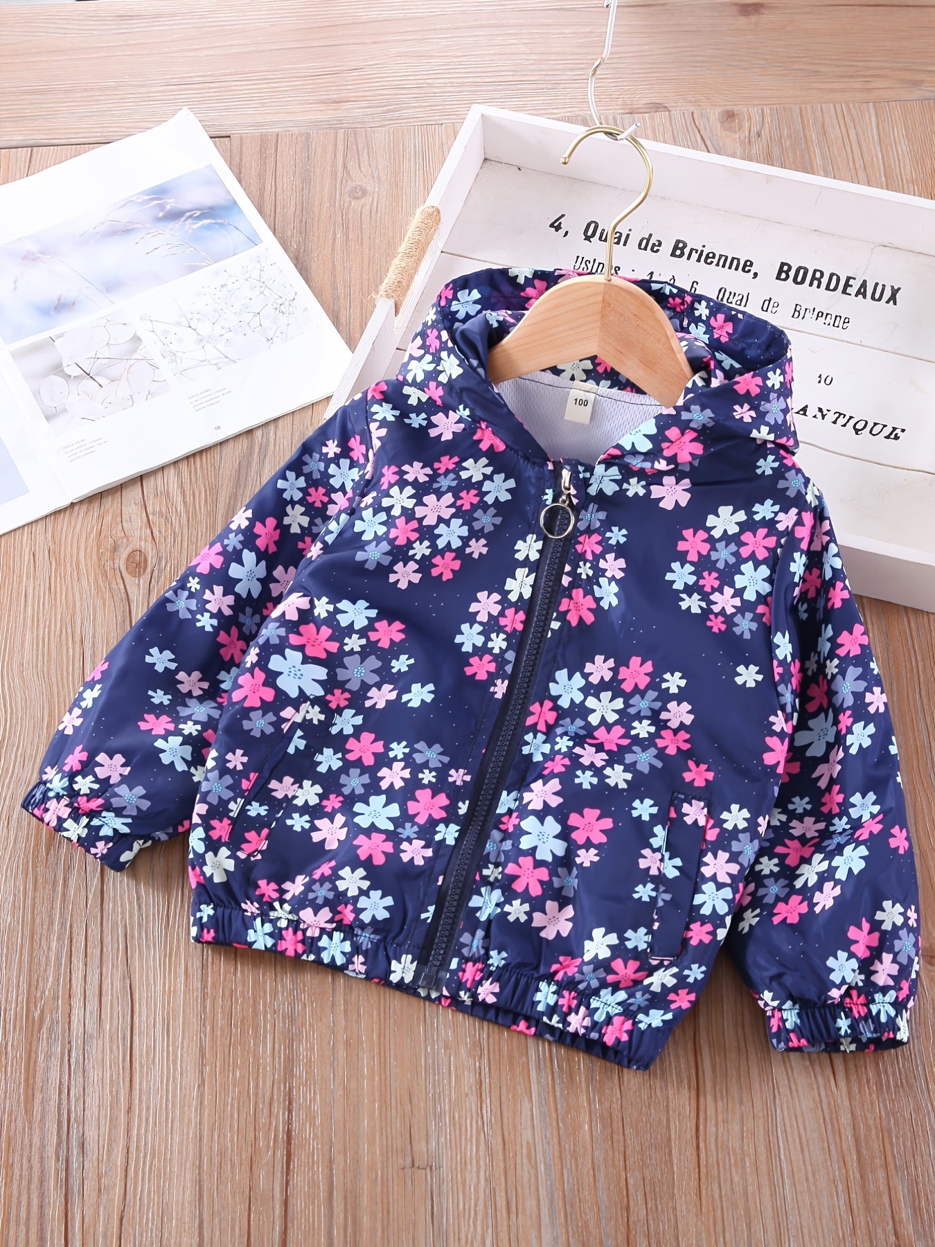 Girls Flowers Print Hooded Zipper Jacket Long Sleeve Top