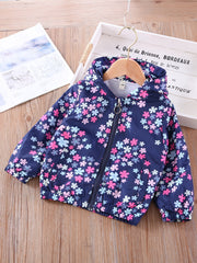 Girls Flowers Print Hooded Zipper Jacket Long Sleeve Top