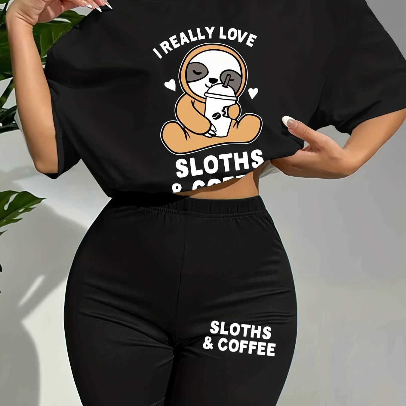 Cartoon Print Lounge Set Short Sleeve Crew Neck Top & Elastic Waistband Shorts