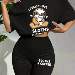 Cartoon Print Lounge Set Short Sleeve Crew Neck Top & Elastic Waistband Shorts