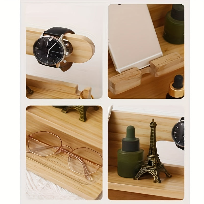 Men's Wooden Bedroom Organizer 2 Shelf Storage for Phone Keys Watches & Tools