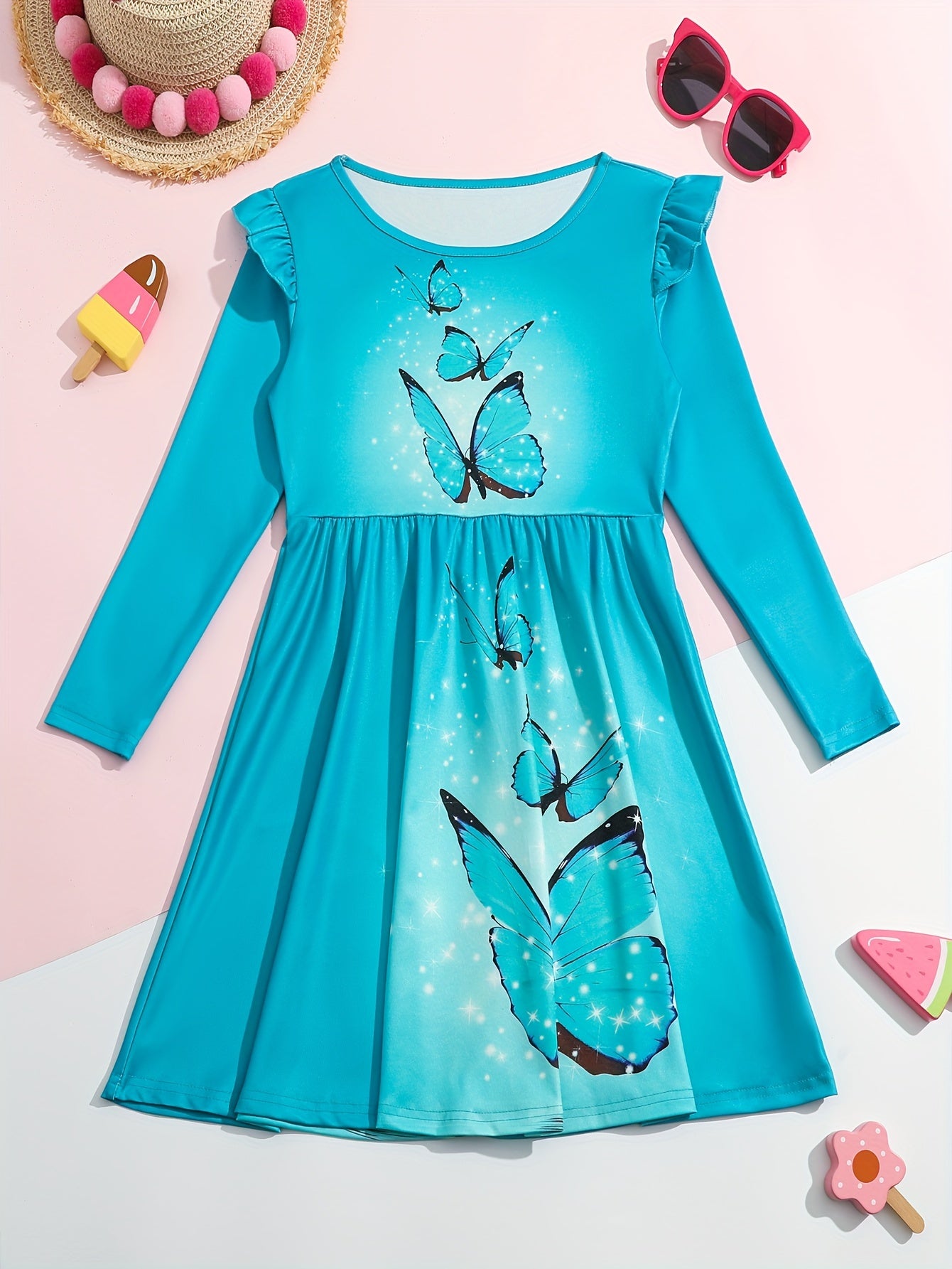Sweet Girls Butterfly Graphic Long Sleeve Dress Spring Fall
