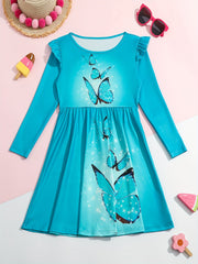 Sweet Girls Butterfly Graphic Long Sleeve Dress Spring Fall