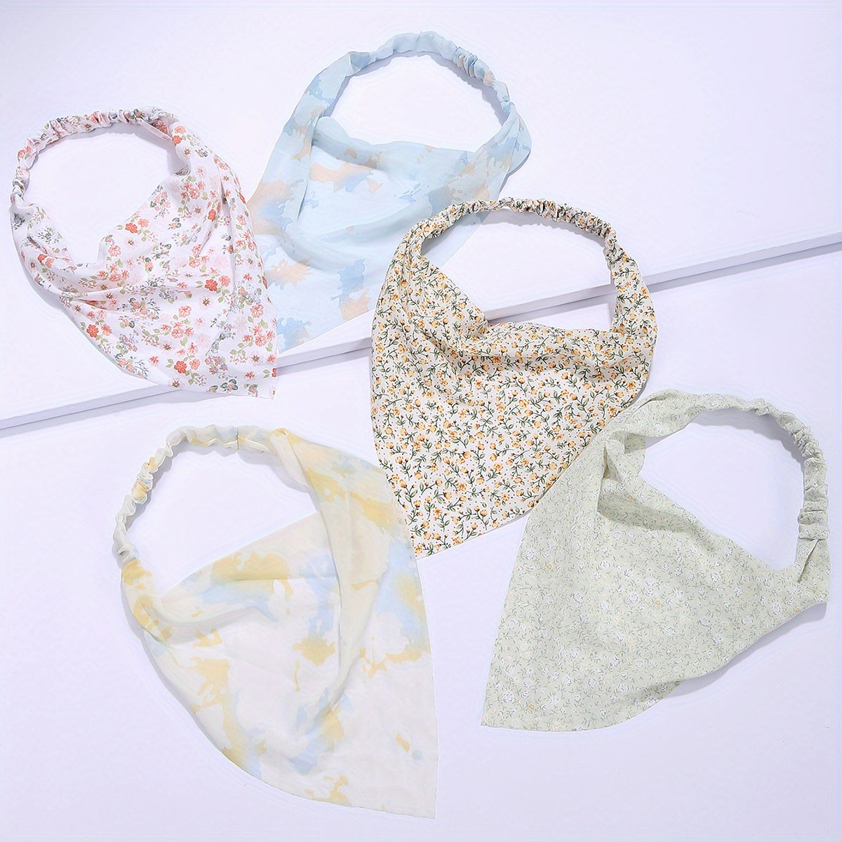 5pcs Floral Print Triangle Scarf Headband Elastic Turban Bandana Women