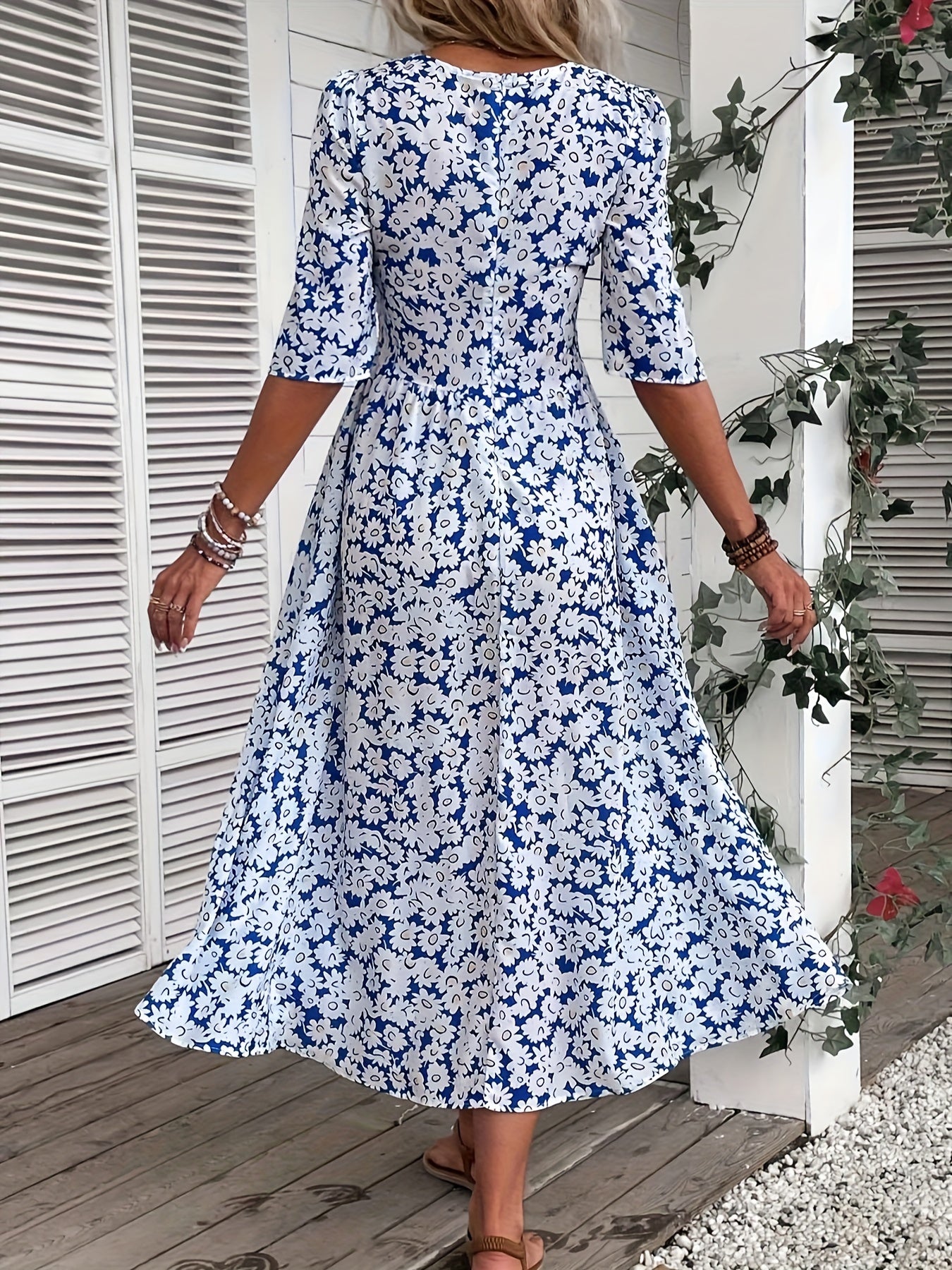 Boho Dress Women's Floral Print Shirred Sleeve Round Neck Maxi Dress