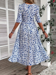 Boho Dress Women's Floral Print Shirred Sleeve Round Neck Maxi Dress