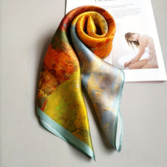 Vintage Golden Print Square Scarf Satin Head Scarf for Women