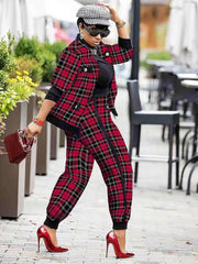 Plaid Button Two piece Set Contrast Trim Jacket & Casual Pants Outfits