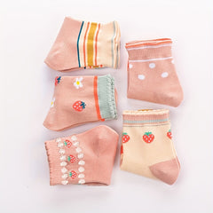 5 Pairs Strawberry Striped Knit Socks for Girls