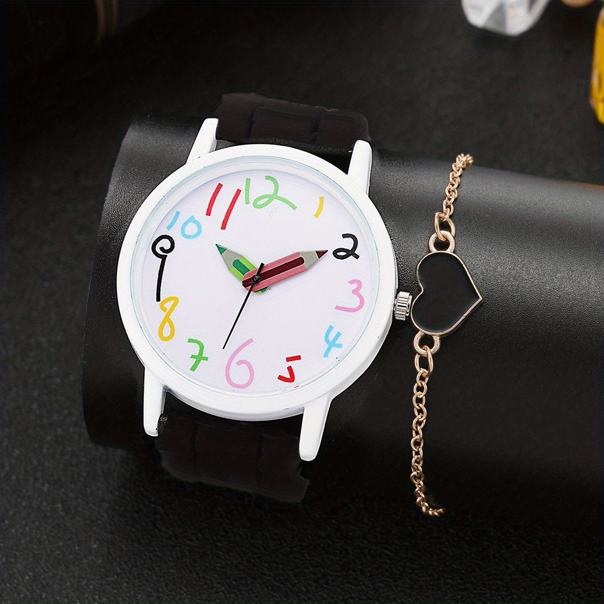 PVC Girls Strip Round Wrist Watch & Heart Bangle Set