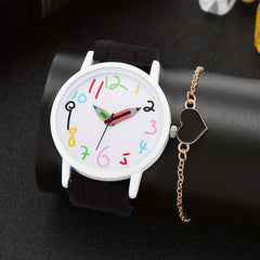 PVC Girls Strip Round Wrist Watch & Heart Bangle Set