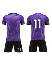 2pcs Boys Striped Sports Football Training Outfit Quick-dry T-shirt&Shorts