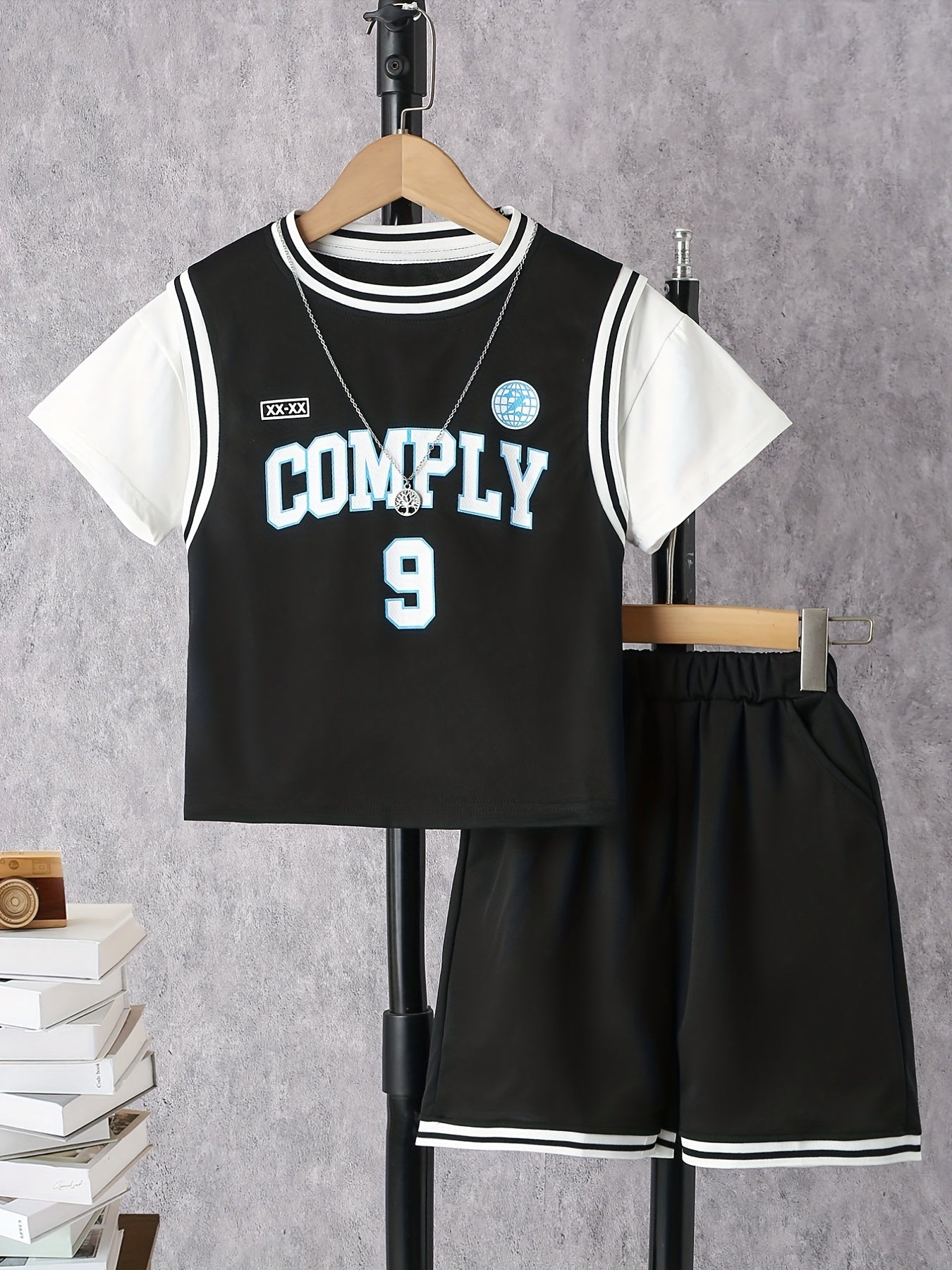 Boys Numbers & Letter Graphic Block T Shirt Top & Shorts Set