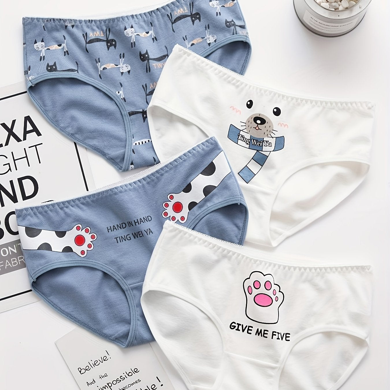 4pcs Cartoon Print Briefs Comfortable Breathable Mid Waist Panties
