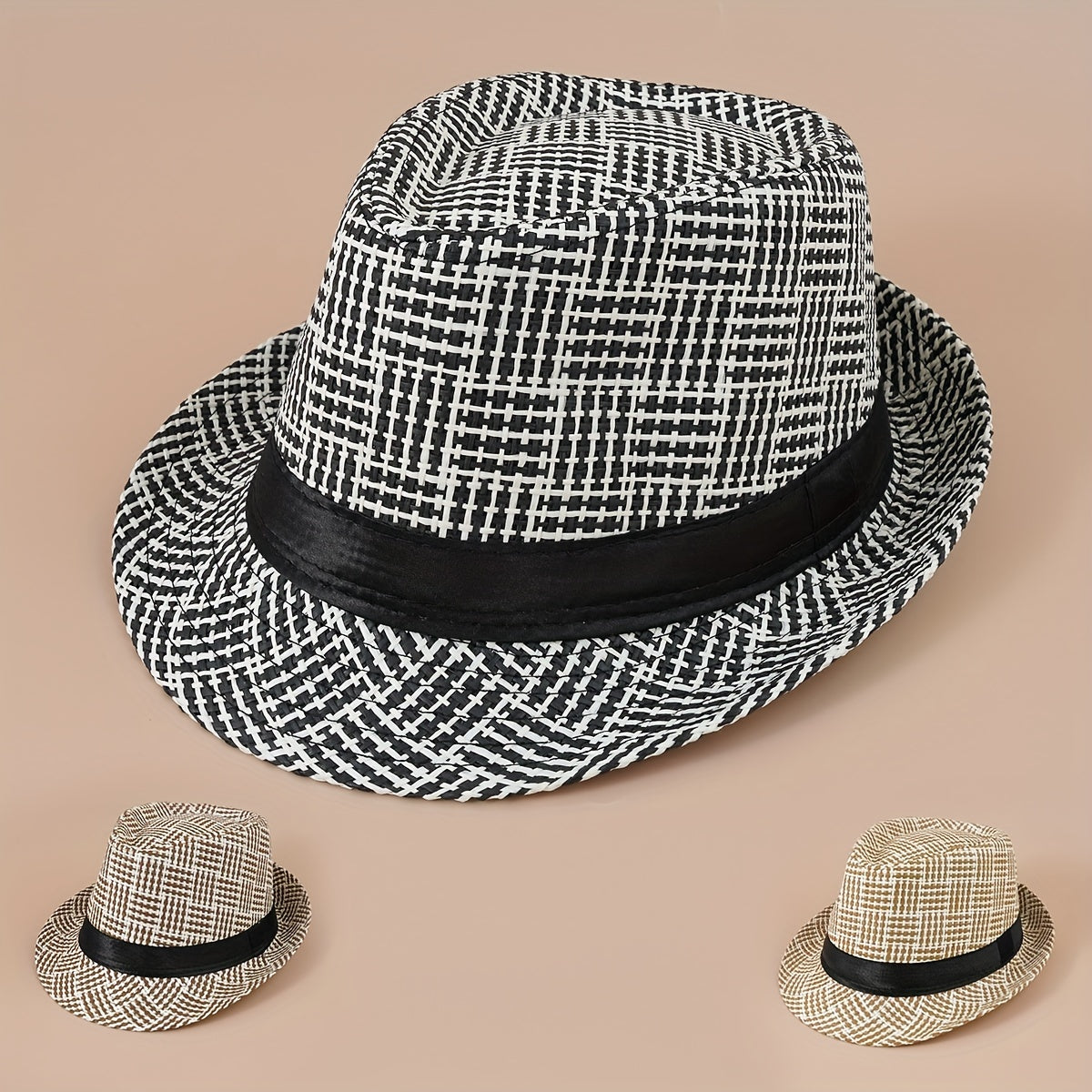 Plaid Striped Jazz Fedora Cap Straw Sun Hat British Style Trilby Hats